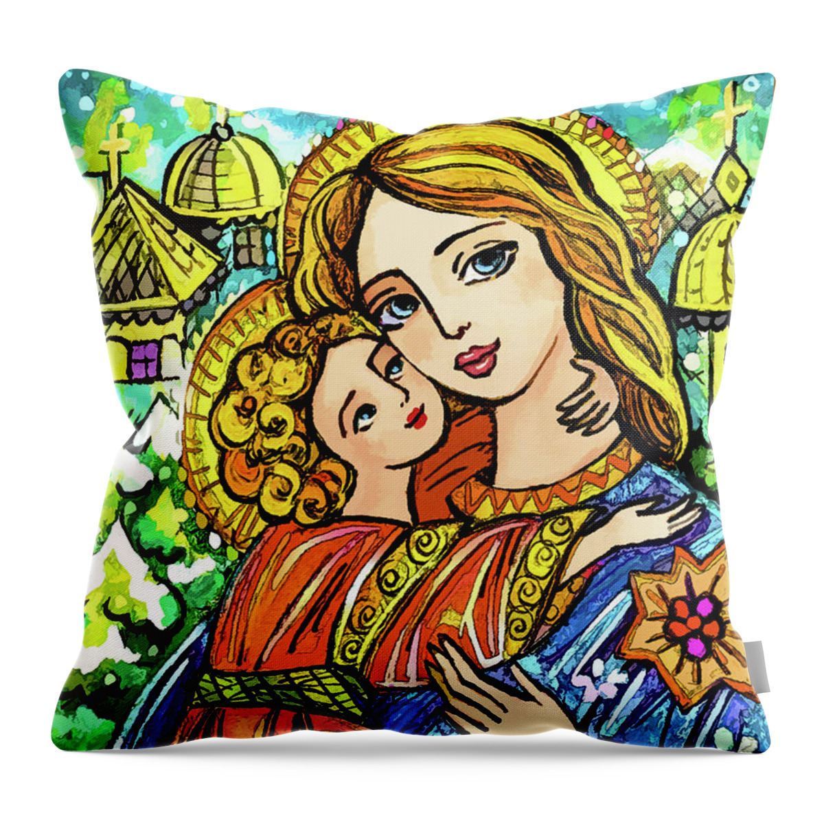 Mother And Child Throw Pillow featuring the painting Winter Church by Eva Campbell
