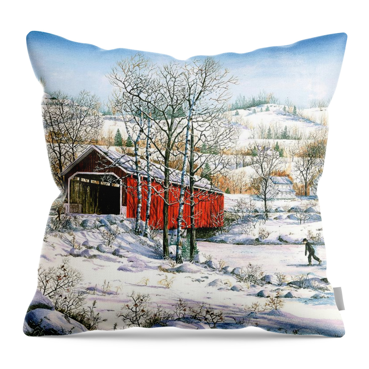 Covered Bridge Throw Pillow featuring the painting Winter Crossing by Diane Phalen