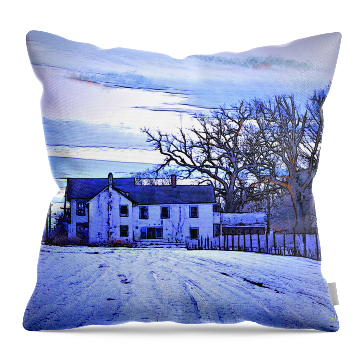 Old Farm Throw Pillow featuring the photograph Winter Farmhouse at Twilight by Robert Henne
