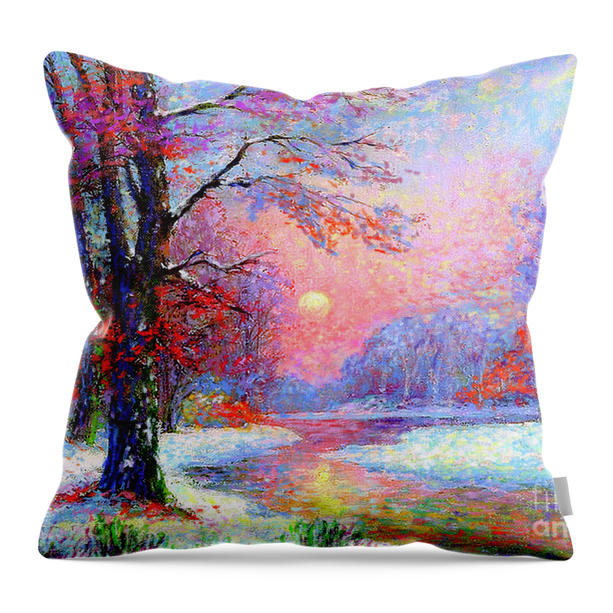 Tree Throw Pillow featuring the painting Winter Nightfall, Snow Scene by Jane Small