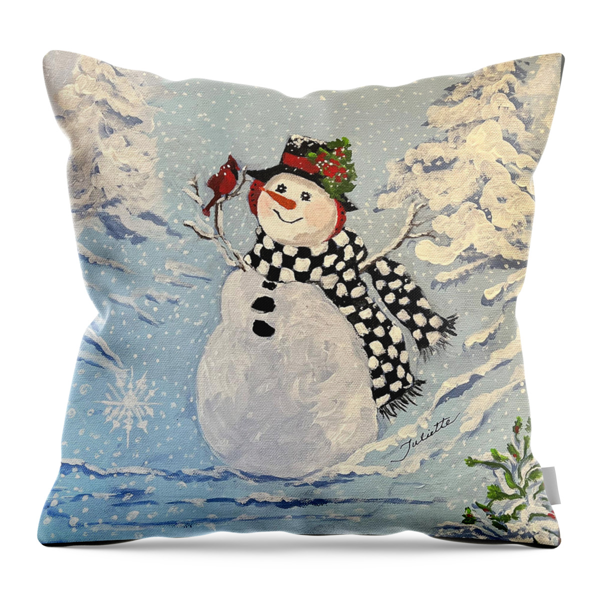 Snowman Throw Pillow featuring the painting Winter Wonderland by Juliette Becker