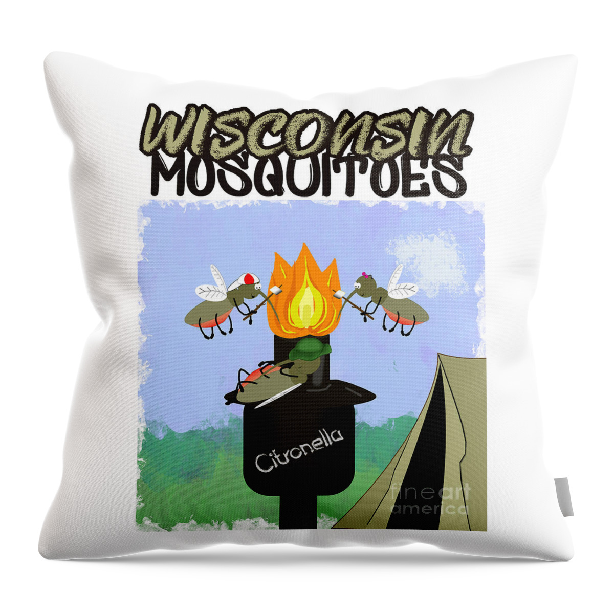 Wisconsin Throw Pillow featuring the photograph Wisconsin Mosquitoes Cartoon Camping by Tiki Torch by Colleen Cornelius