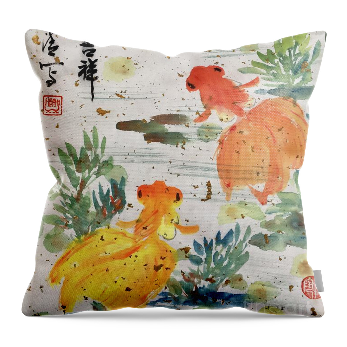 Gold Throw Pillow featuring the painting Wishful and Good Luck by Carmen Lam