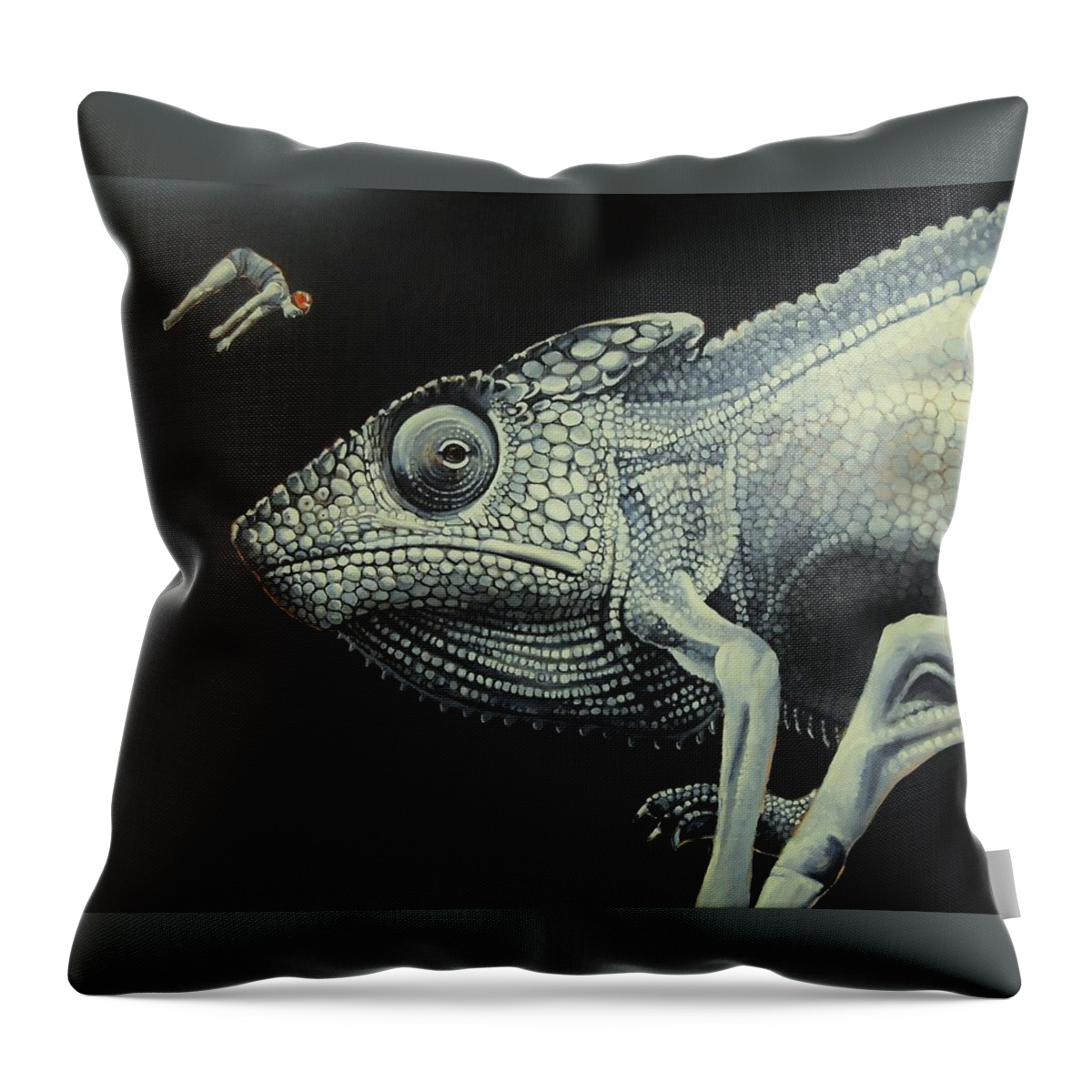 Chameleon Throw Pillow featuring the painting With All That's Happening This Is Not The Time To Go Diving by Jean Cormier