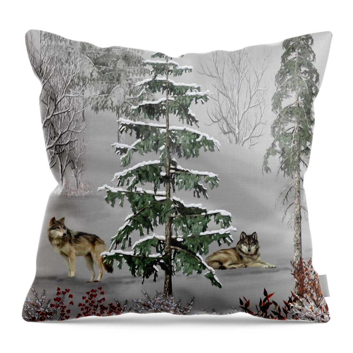 Wolf Throw Pillow featuring the mixed media Wolves In The Winter Forest Color by David Dehner