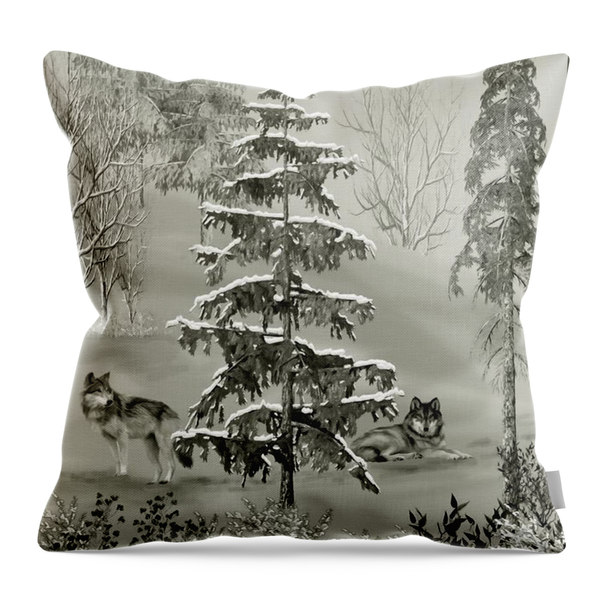 Wolf Throw Pillow featuring the mixed media Wolves In The Winter Forest by David Dehner