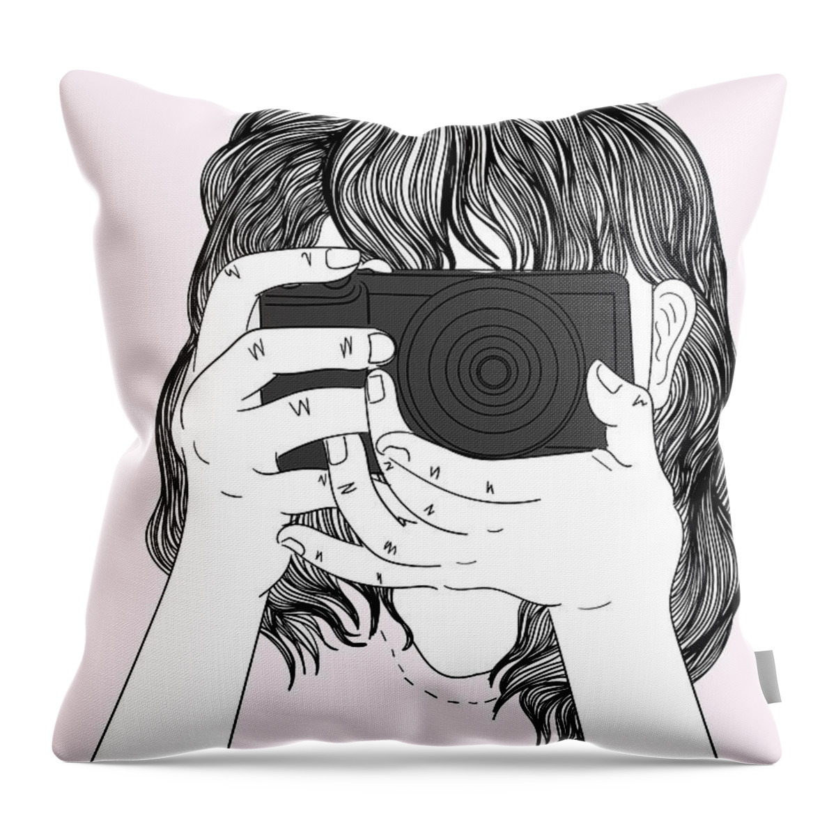 Graphic Throw Pillow featuring the digital art Woman With A Camera - Line Art Graphic Illustration Artwork by Sambel Pedes