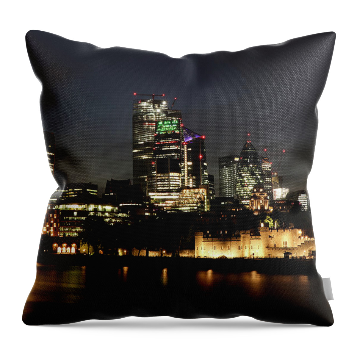 London Throw Pillow featuring the photograph Night London - street of skyscrapers by Vaclav Sonnek