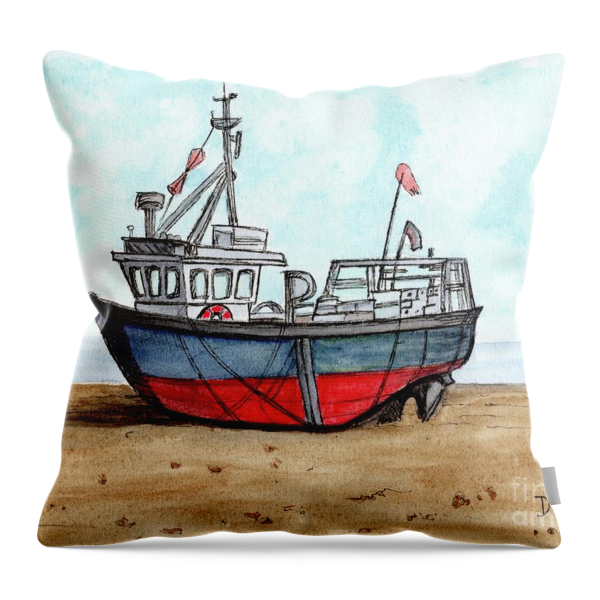 Colorful Wooden Fishing Boat Throw Pillow featuring the painting Wooden Fishing Boat on the Beach by Donna Mibus