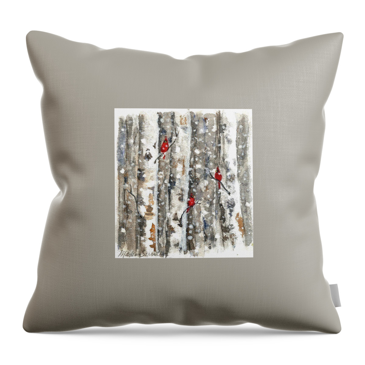 Cardinals Throw Pillow featuring the painting Woodland Cardilals by Marlene Schwartz Massey