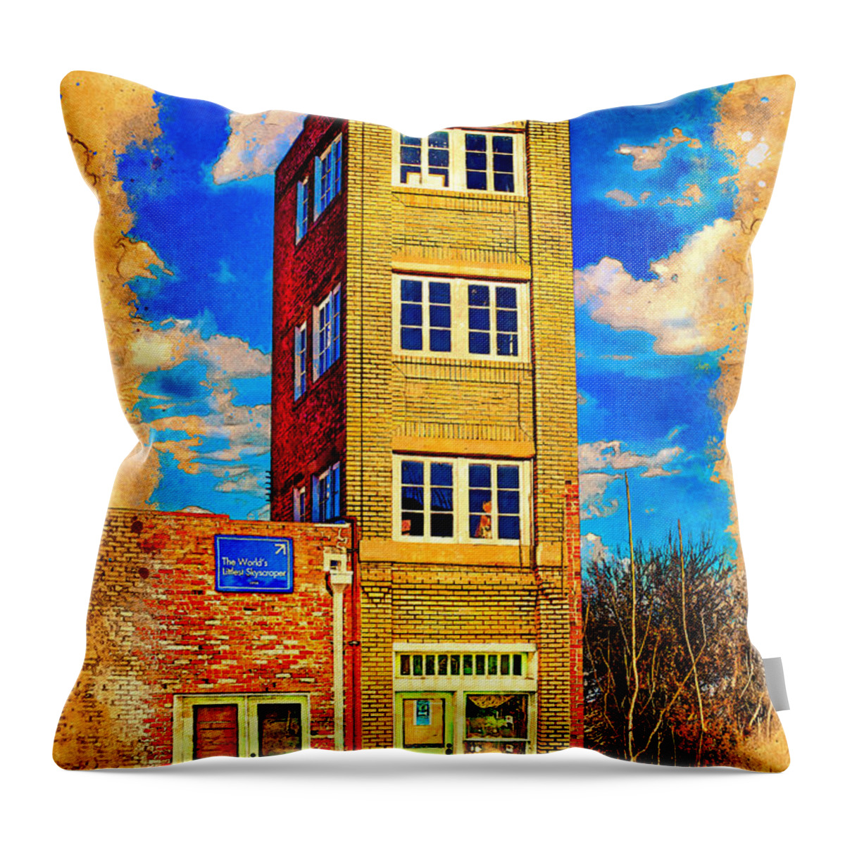 World's Littlest Skyscraper Throw Pillow featuring the digital art World's littlest skyscraper, The Newby-McMahon Building, in Wichita Falls - digital painting by Nicko Prints