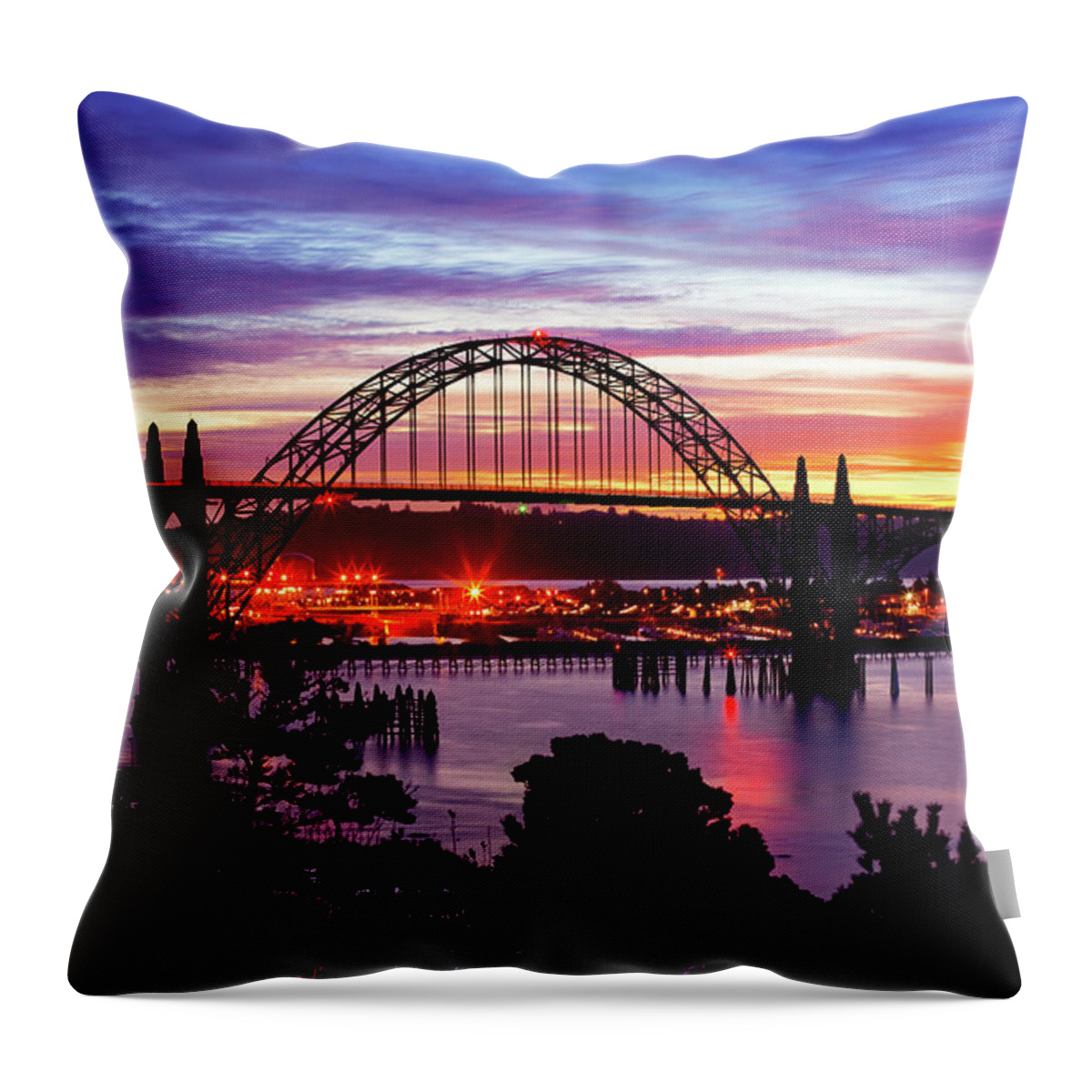 Oregon Throw Pillow featuring the photograph Yaquina Bay Bridge Sunrise by Darren White