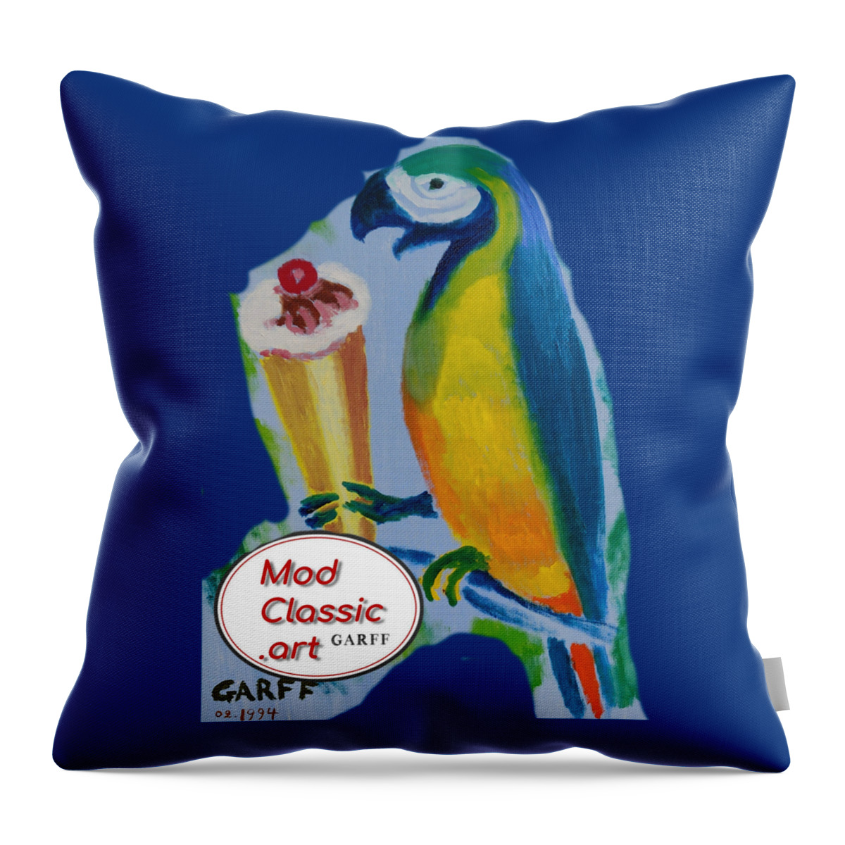 Parrot Throw Pillow featuring the painting Yellow Ara with Ice Cream ModClassic Art by Enrico Garff