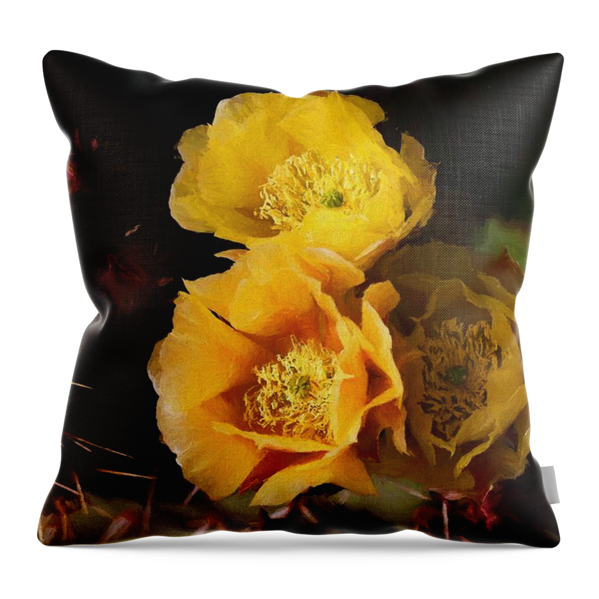 Cactus Flowers Throw Pillow featuring the mixed media Yellow cactus flowers by Tatiana Travelways