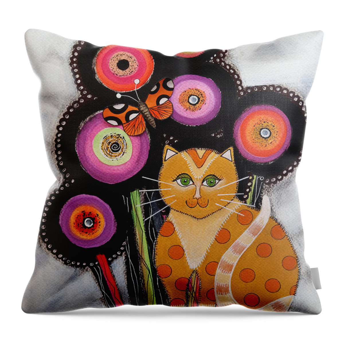 Cat Throw Pillow featuring the painting Yellow cat with Flowers by Graciela Bello