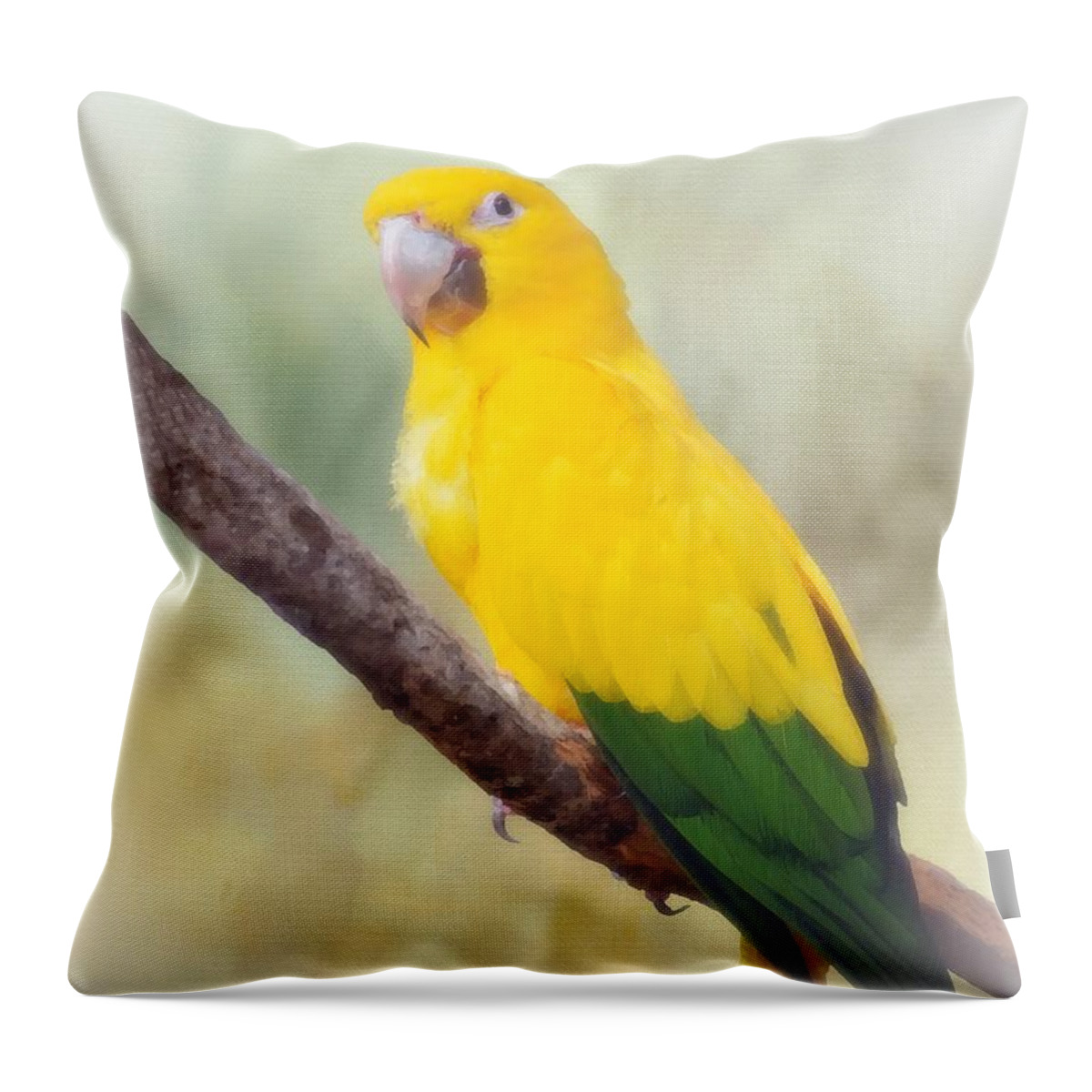 Bird Throw Pillow featuring the mixed media Yellow Green Parrot Bird 83 by Lucie Dumas