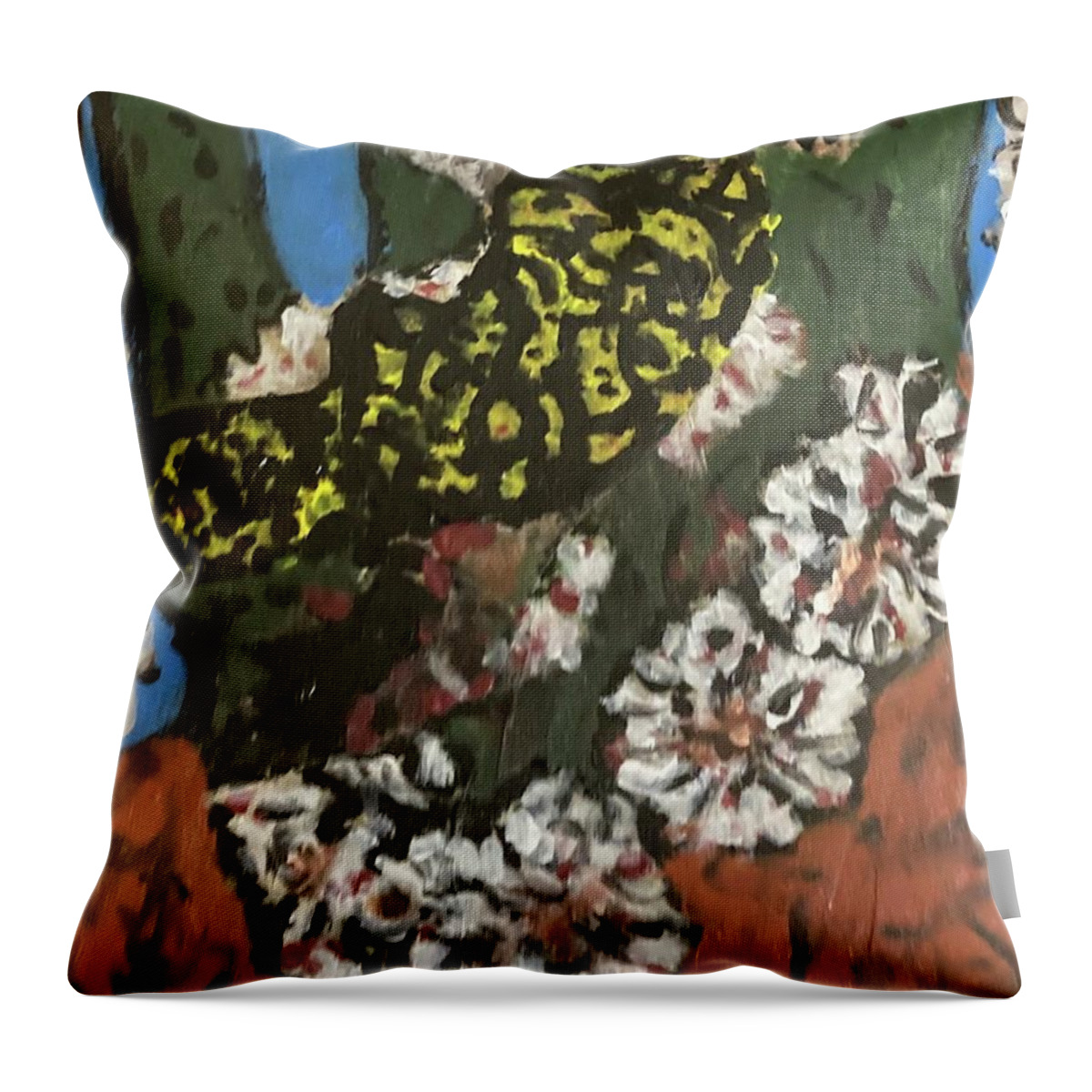 Paintings Of Lizards Throw Pillow featuring the mixed media Yellow lizard Cactus Flowers by Bencasso Barnesquiat