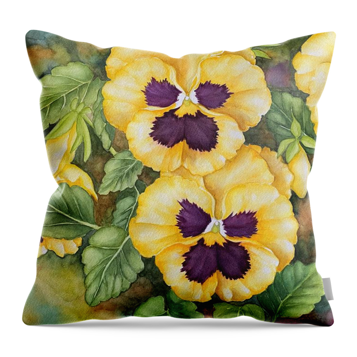 Pansy Throw Pillow featuring the painting Yellow pansies, colorful smile by Inese Poga