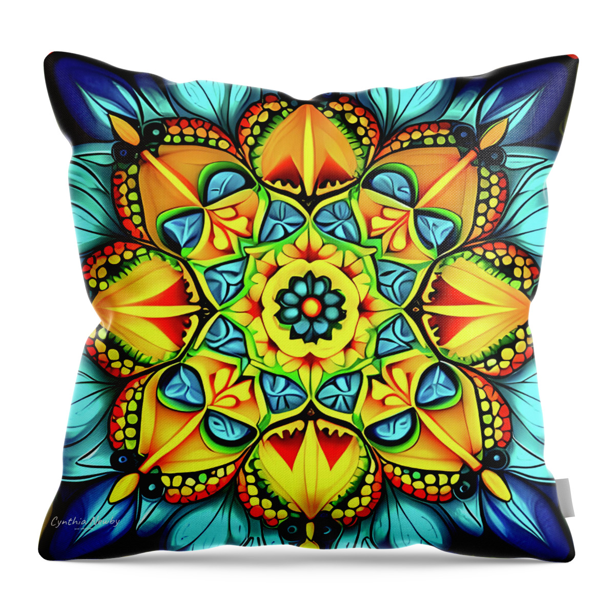 Newby Throw Pillow featuring the digital art Yellow Themed Kaleidoscope by Cindy's Creative Corner