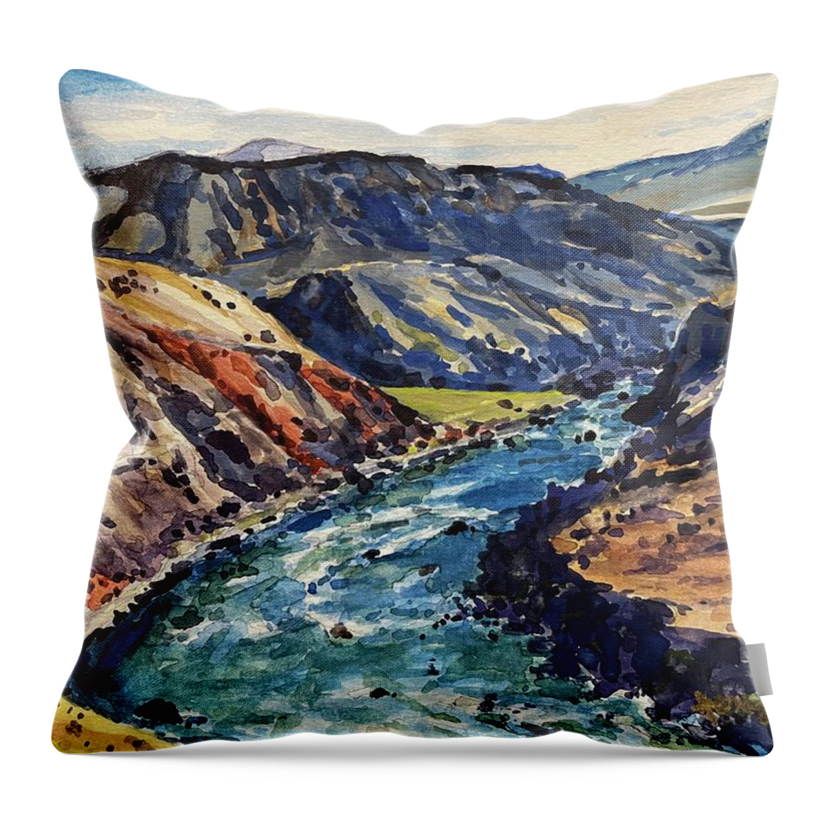 Yellowstone Throw Pillow featuring the painting Yellowstone River Trail to Mouth of Bear Creek by Les Herman