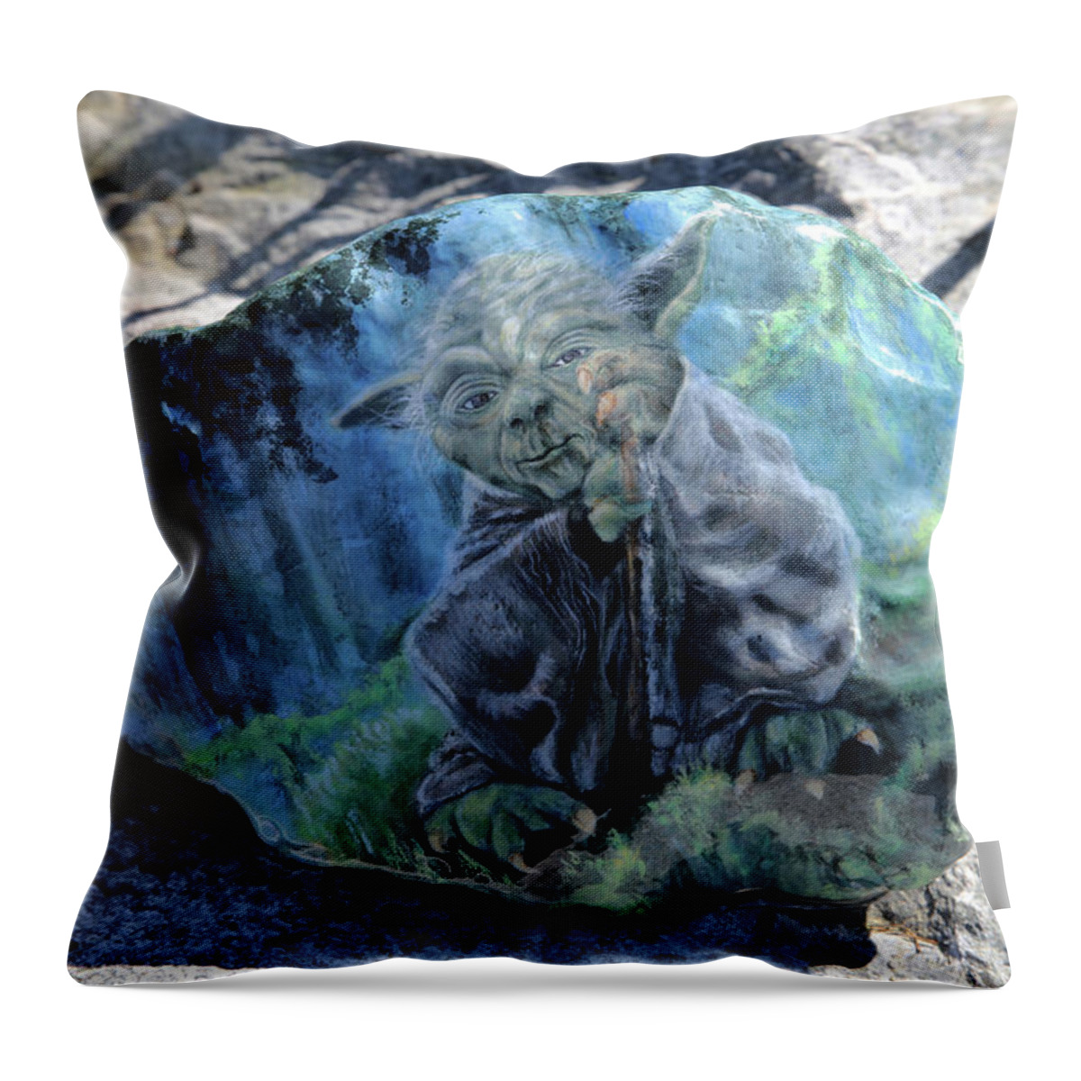 Art Throw Pillow featuring the painting Yoda on a Rock by Tammy Pool