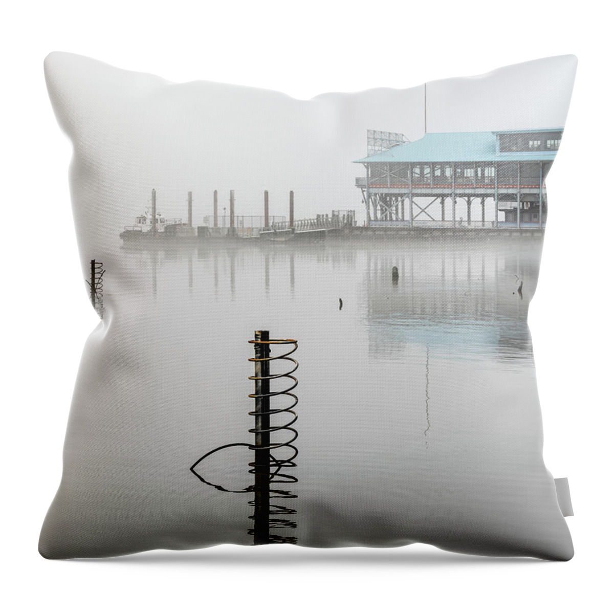 Hudson River Throw Pillow featuring the photograph Yonkers Pier in Thick Fog by Kevin Suttlehan
