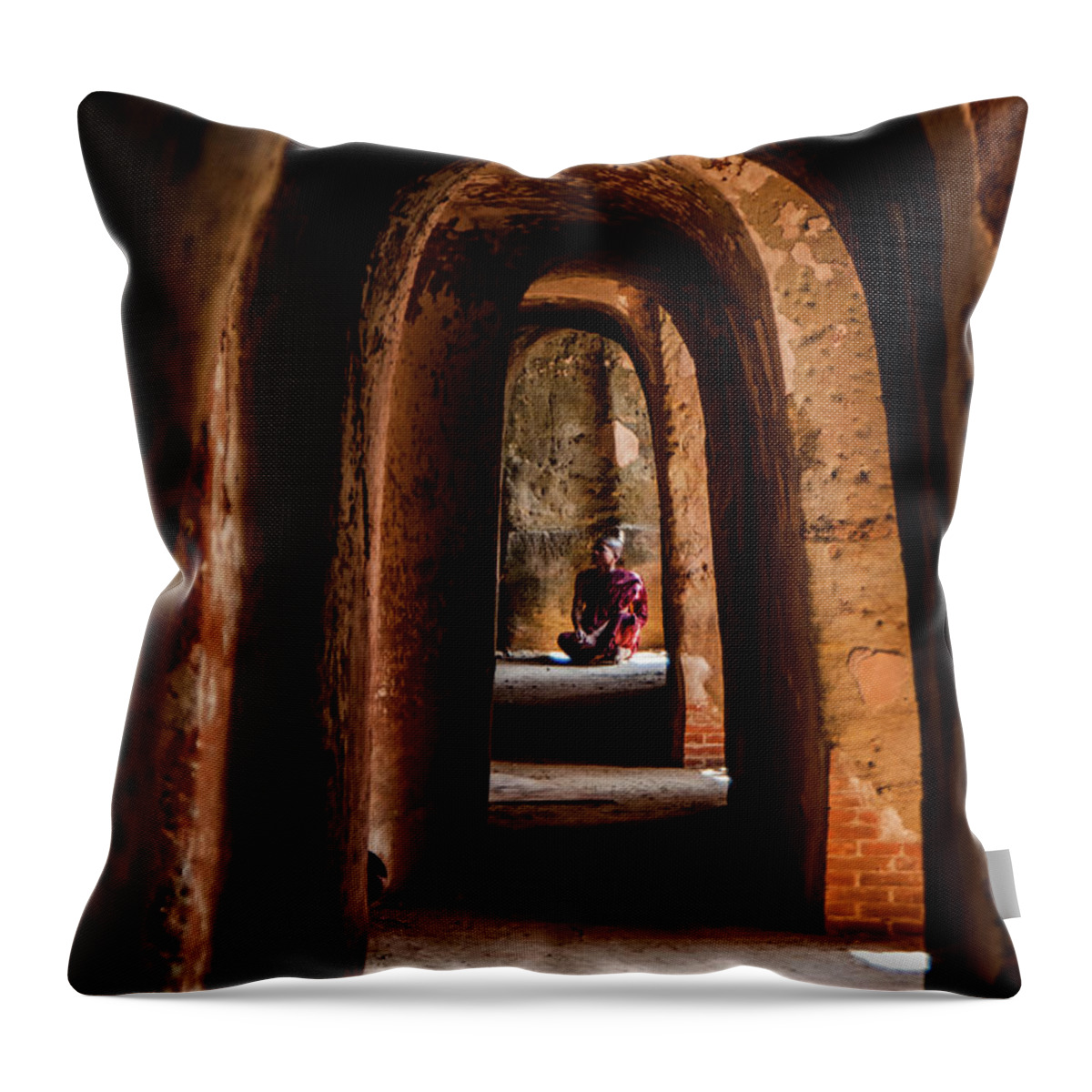 Buddhist Throw Pillow featuring the photograph Young Buddhist Monk Praying by Arj Munoz