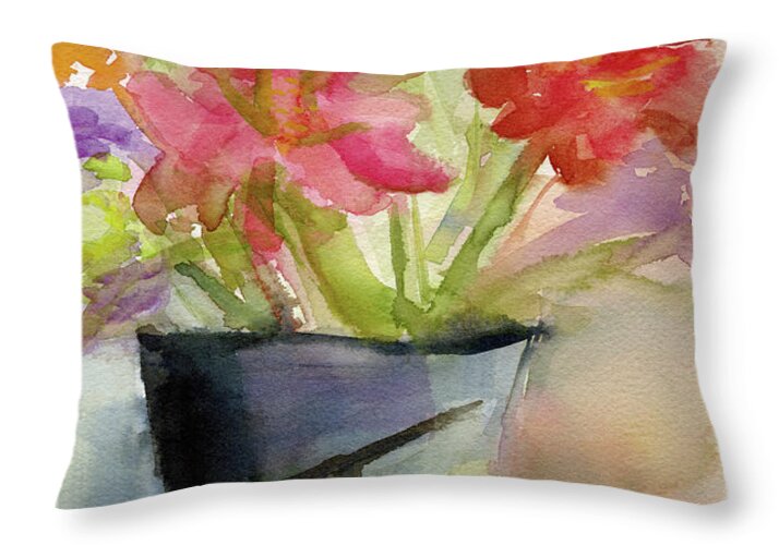 Floral Throw Pillow featuring the painting Zinnias in a Vase Watercolor Paintings of Flowers by Beverly Brown