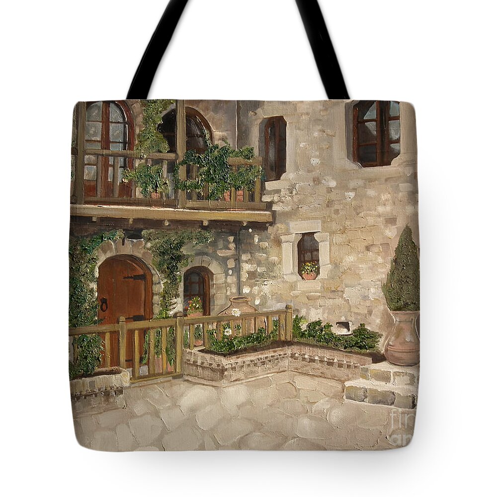Greek Courtyard Tote Bag featuring the painting Greek Courtyard - Agiou Stefanou Monastery -Balcony by Jan Dappen