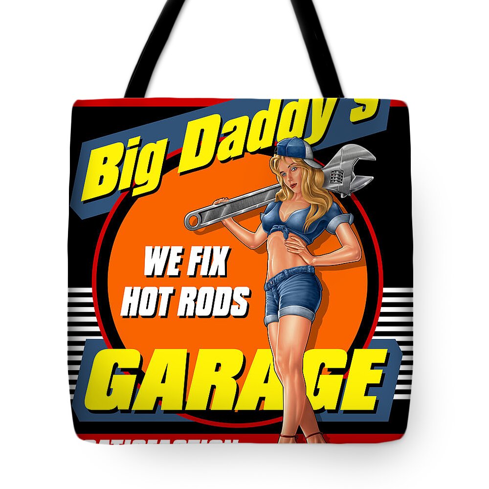 Motorcycle Tote Bag featuring the painting  Big Daddys Garage by JQ Licensing