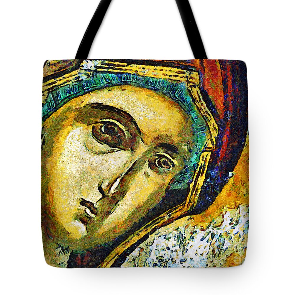 Virgin Mary Tote Bag featuring the painting Blessed Virgin Mary - painting by Daliana Pacuraru