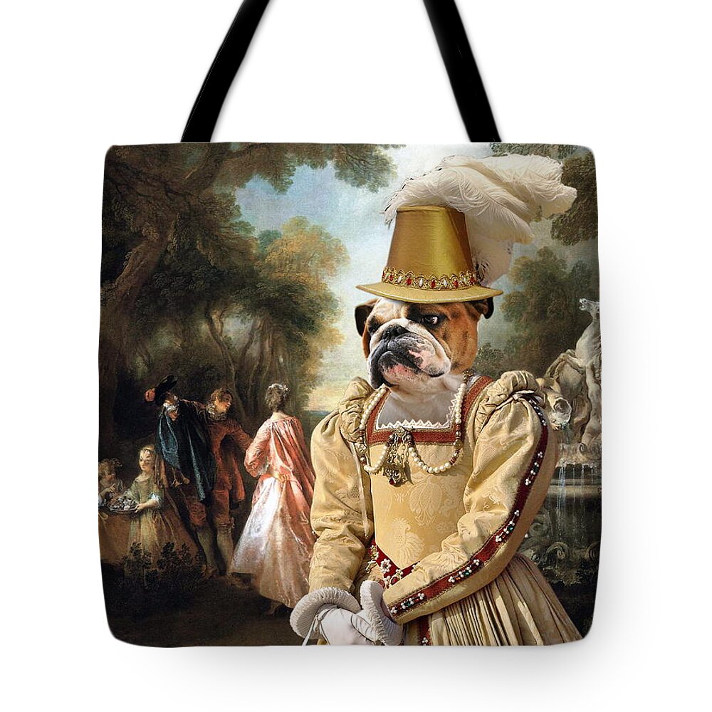 English Bulldog Tote Bag featuring the painting English Bulldog Art Canvas Print - The noble party in Palace park by Sandra Sij