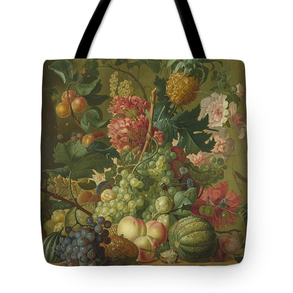 Fowl Tote Bag featuring the painting Fruit and Flowers by Paulus Theodorus van Brussel