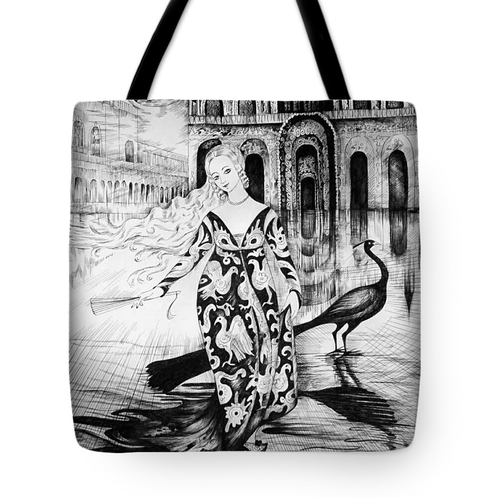 Pen And Ink Tote Bag featuring the drawing Italian Fantasies.Venice. Acqua alta by Anna Duyunova