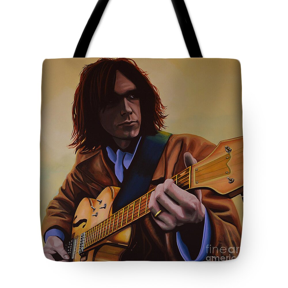 Neil Young Tote Bag featuring the painting Neil Young Painting by Paul Meijering