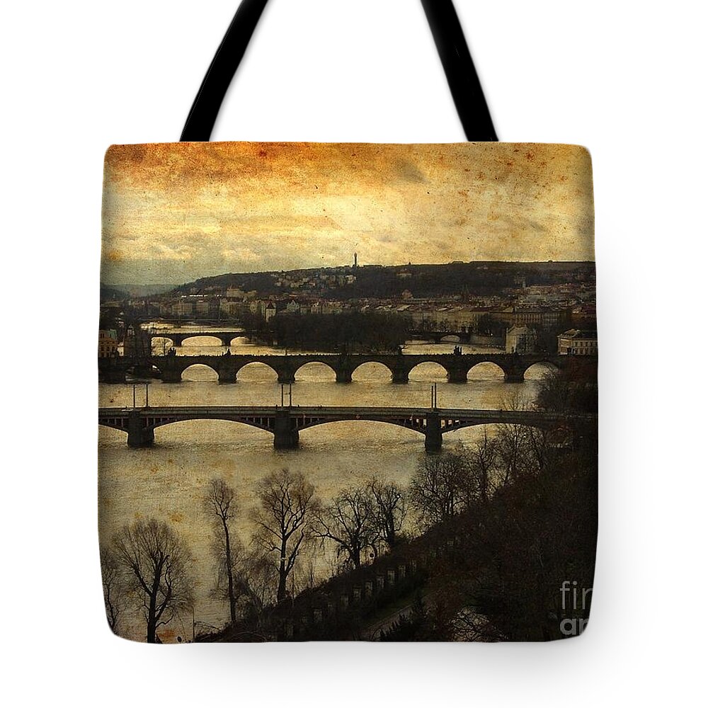 Vintage Tote Bag featuring the mixed media Vintage Prague Vltava River 1 by Femina Photo Art By Maggie