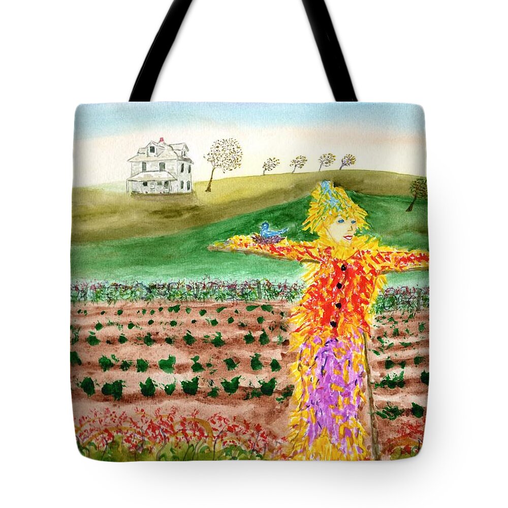  Jim Taylor Tote Bag featuring the painting Scarecrow with nesting companion by Jim Taylor