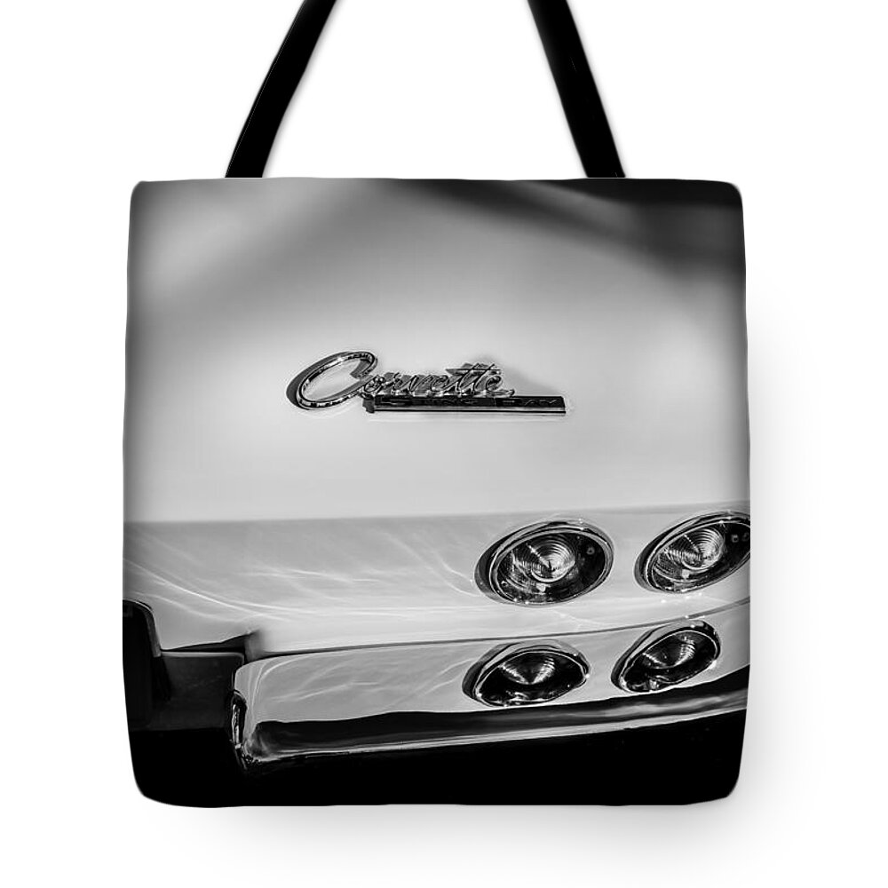 1965 Tote Bag featuring the photograph 1965 Chevrolet Corvette Sting Ray Coupe BW by Rich Franco