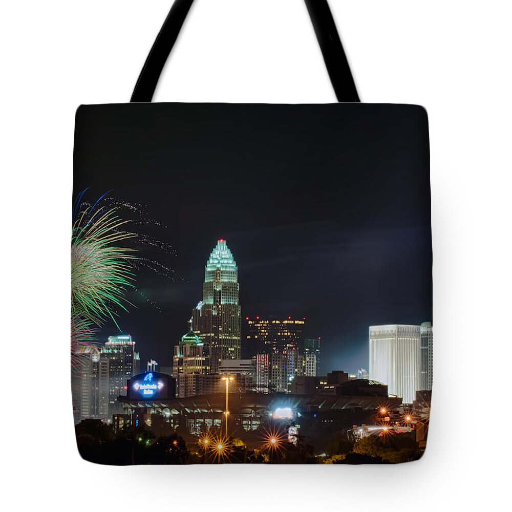 Carolina Tote Bag featuring the photograph 4th Of July Firework Over Charlotte Skyline #1 by Alex Grichenko