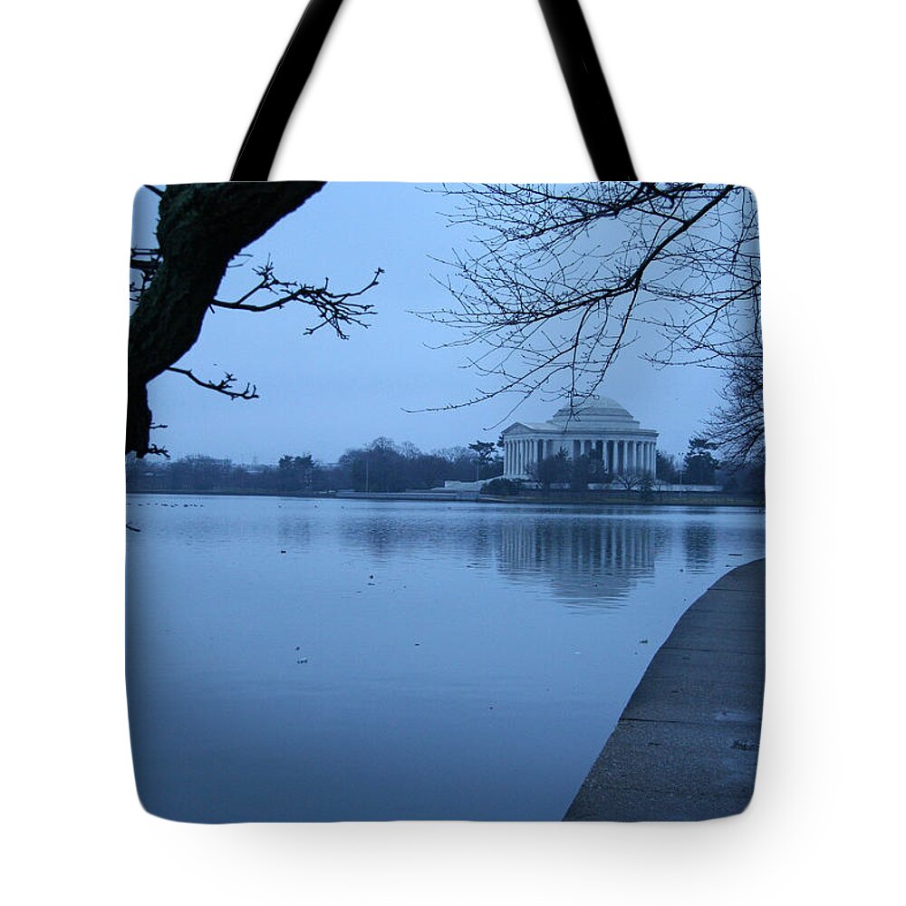 Jefferson Memorial Tote Bag featuring the photograph A Blue Morning For Jefferson by Cora Wandel