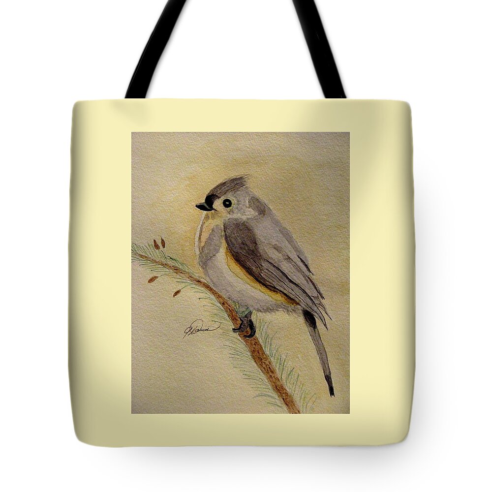 Bird Paintings Tote Bag featuring the painting A Tufted Titmouse by Angela Davies