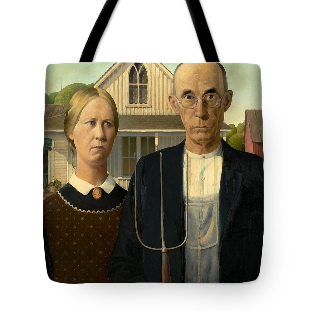 #faatoppicks Tote Bag featuring the painting American Gothic #6 by Grant Wood