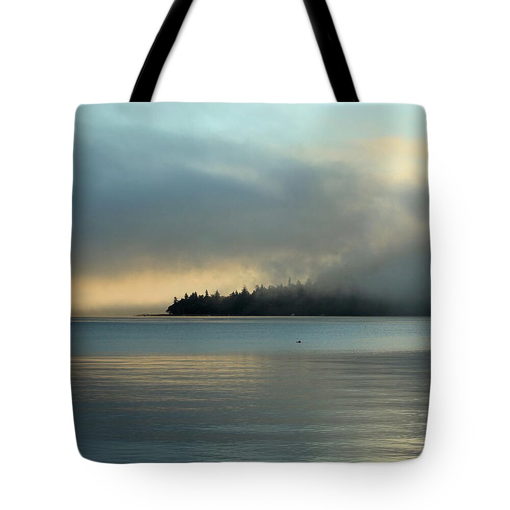 Sunrise Tote Bag featuring the photograph An Island in Fog by E Faithe Lester