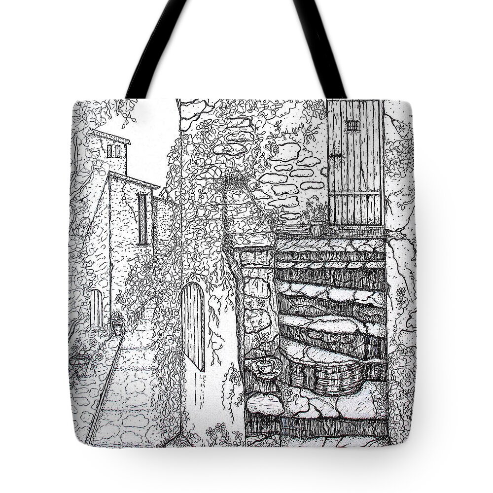 Art Tote Bag featuring the drawing Ancient Crumbling Stone Steps Black and White by Ashley Goforth