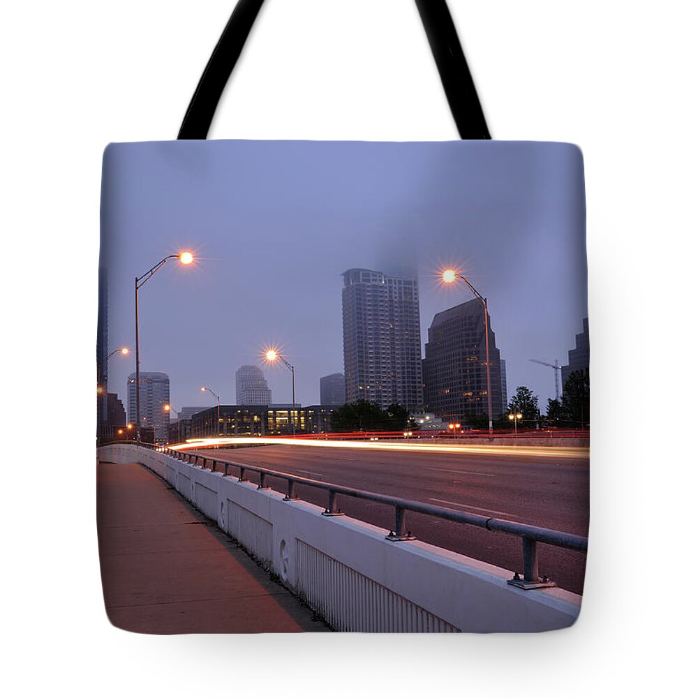 Downtown District Tote Bag featuring the photograph Austin In Fog #1 by Aimintang