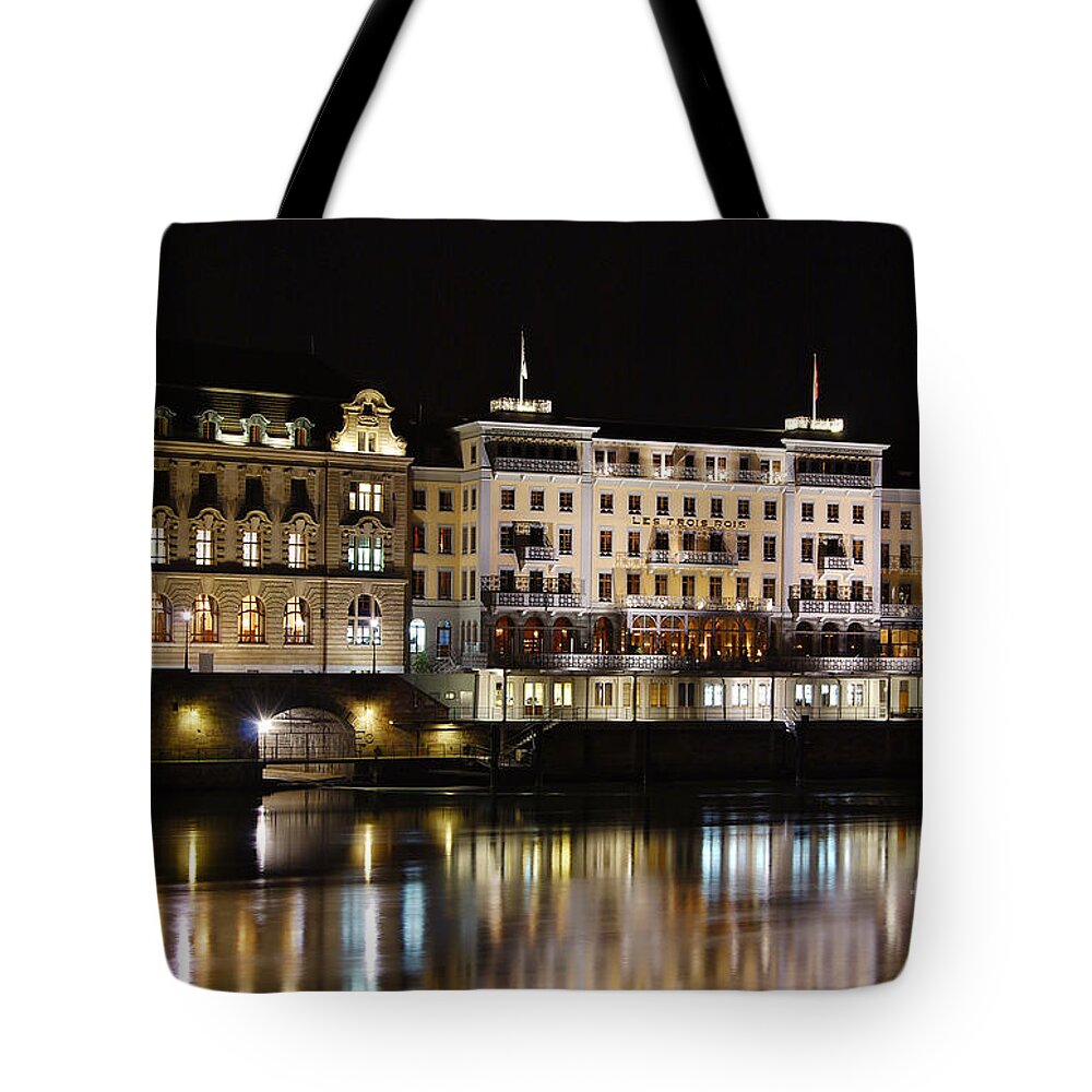 Basel Tote Bag featuring the photograph Basel by Night - Grand Hotel Les Trois Rois #1 by Carlos Alkmin