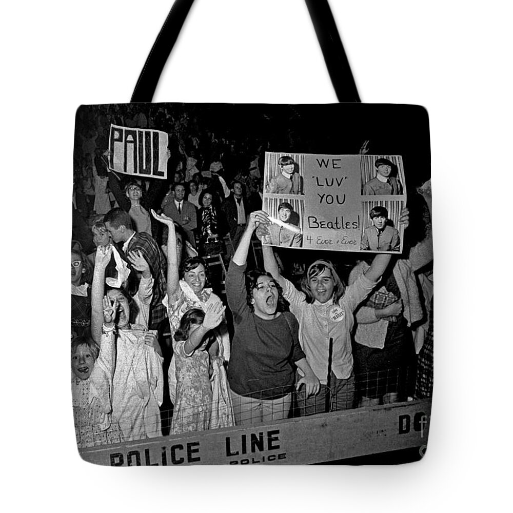 History Tote Bag featuring the photograph Beatles Fans At Concert, 1964 #1 by Larry Mulvehill