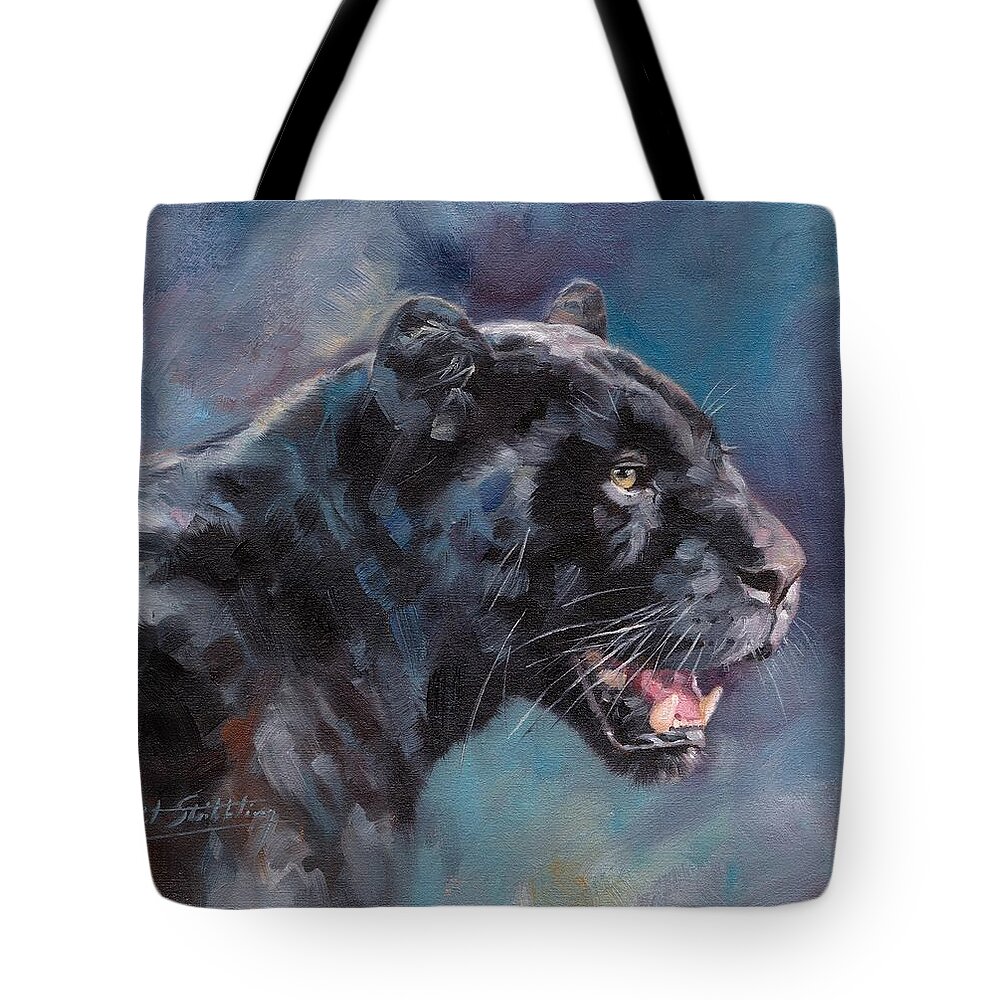 Black Panther Tote Bag featuring the painting Black Panther #2 by David Stribbling