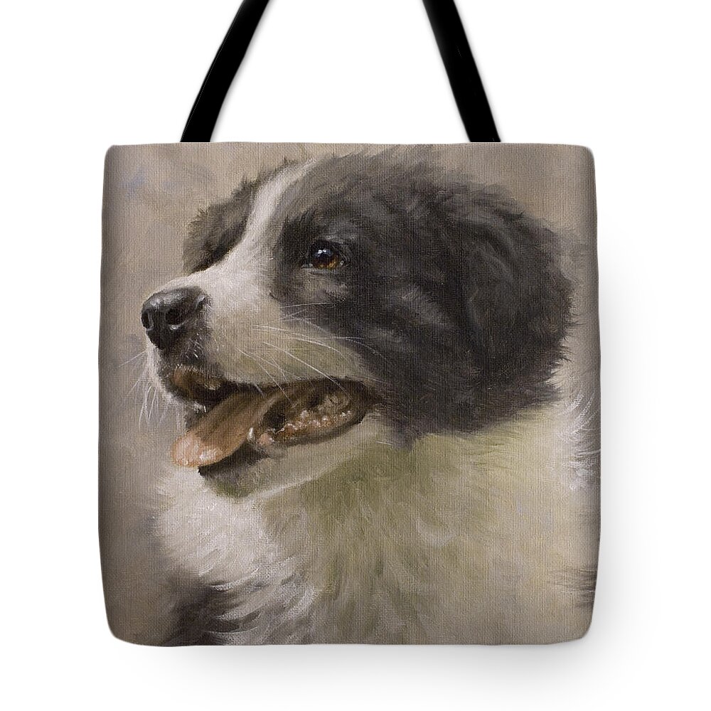 Border Collie Tote Bag featuring the painting Border Collie pup portrait III #2 by John Silver