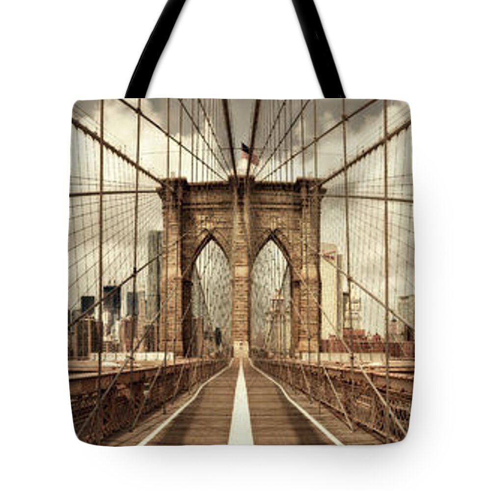 Brooklyn Tote Bag featuring the photograph Brooklyn Bridge (sepia) by Shelley Lake
